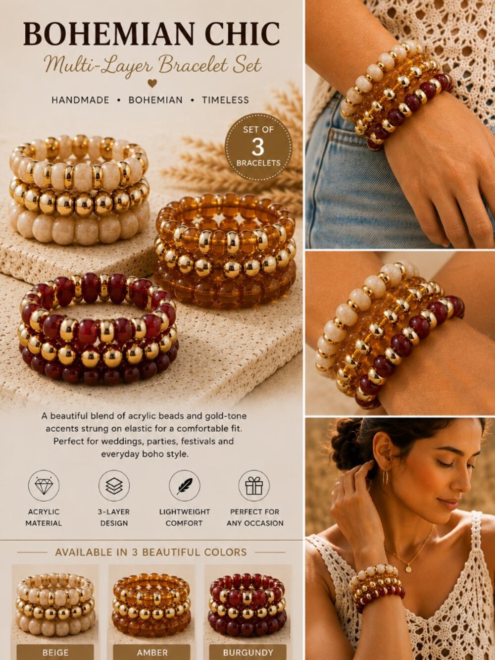 Boho 3-Layer Bracelet Set | Handmade Acrylic & Gold Beaded Stretch Bracelets